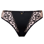Flat lay of Perla Thong Black – Brazilian-style with embroidery and gold detail – The Foundation