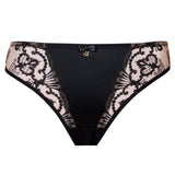 Flat lay of Perla Thong Black – Brazilian-style with embroidery and gold detail – The Foundation