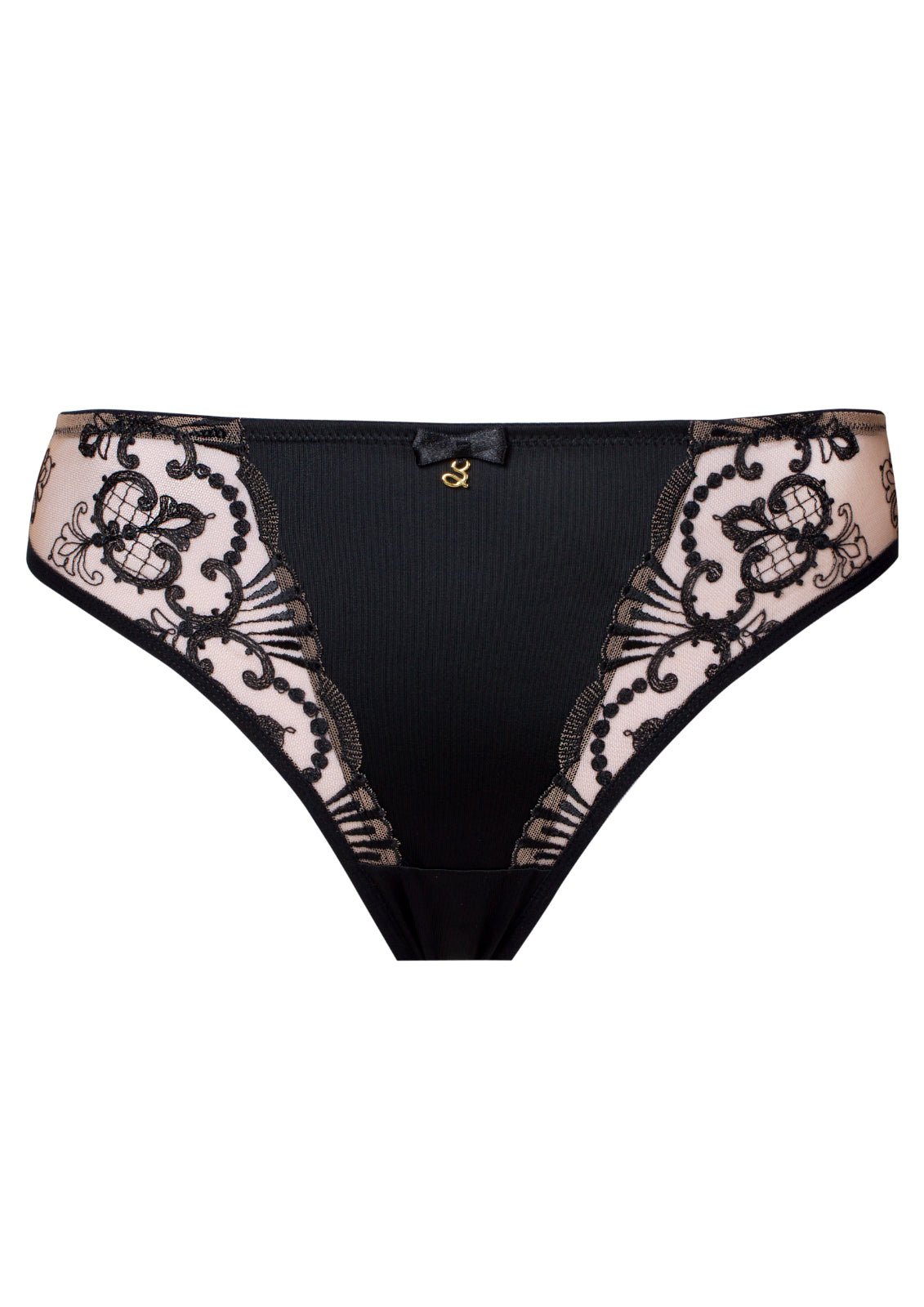 Flat lay of Perla Thong Black – Brazilian-style with embroidery and gold detail – The Foundation