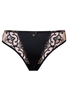 Flat lay of Perla Thong Black – Brazilian-style with embroidery and gold detail – The Foundation