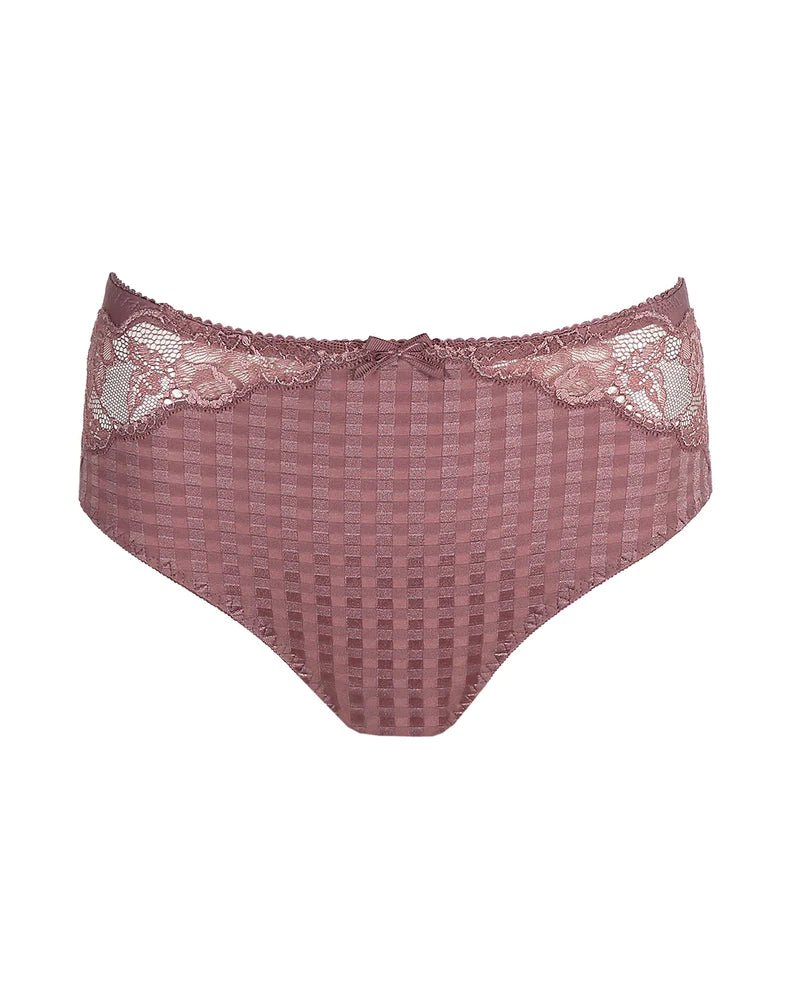 PrimaDonna Madison Full Brief Lace Back in Satin Taupe from The Foundation, featuring gingham front and delicate lace back wrap.