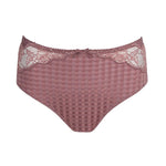 PrimaDonna Madison Full Brief Lace Back in Satin Taupe from The Foundation, featuring gingham front and delicate lace back wrap.