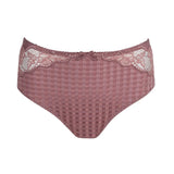 PrimaDonna Madison Full Brief Lace Back in Satin Taupe from The Foundation, featuring gingham front and delicate lace back wrap.