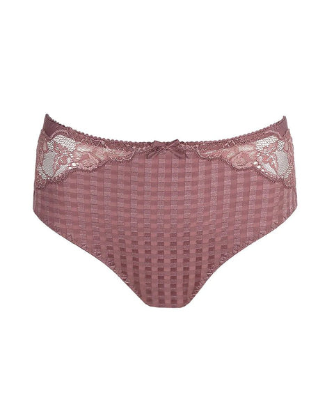 PrimaDonna Madison Full Brief Lace Back in Satin Taupe from The Foundation, featuring gingham front and delicate lace back wrap.