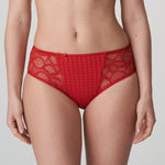 Model in PrimaDonna Madison Full Brief in Scarlet from The Foundation, featuring gingham fabric, lace-trimmed hips, and high-waist full coverage. close up
