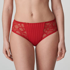 Model in PrimaDonna Madison Full Brief in Scarlet from The Foundation, featuring gingham fabric, lace-trimmed hips, and high-waist full coverage. close up