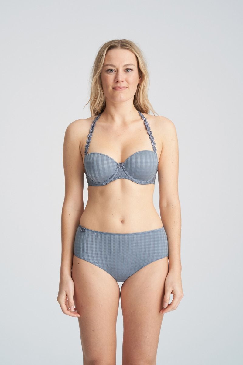 Model wearing Avero Full Brief Atlantic Blue with matching bra, styled as a lingerie set by Marie Jo.