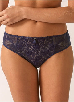 Front view of Empreinte Agathe Shorty Brief in Cobalt from The Foundation – bold French lace knickers with tattoo-effect embroidery.