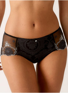 Close up of Empreinte Lilly Rose Shorty Brief in black, featuring floral embroidered lace and opaque woven centre panel.